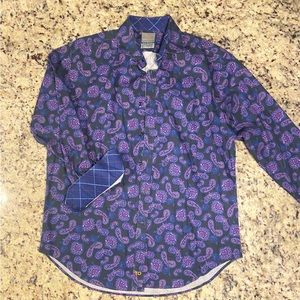 Thomas Dean Mens purple Flip Cuff Long Sleeve Button Front Paisley dress shirt L